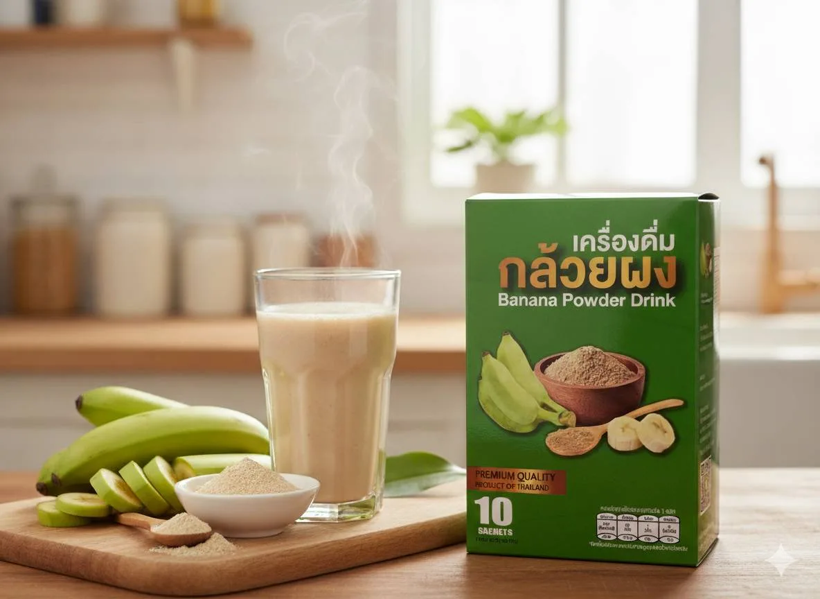 เครื่องดื่มผงกล้วยน้ำว้าดิบ Banana Powder Drink บรรจุ 10 ซอง/กล่อง แบรนด์ ChomPhu Longan